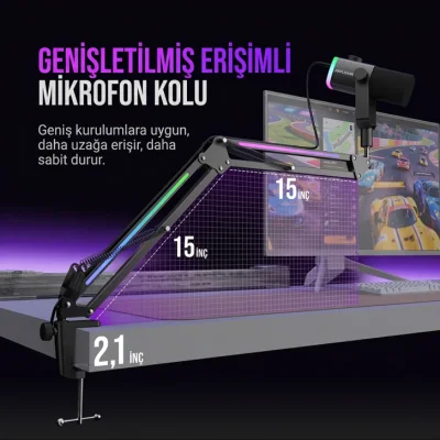 Fifine Ampligame AM8PROT Dinamik USB/XLR Mikrofon Seti (RGB Mikrofon Sehpası ile) - 9