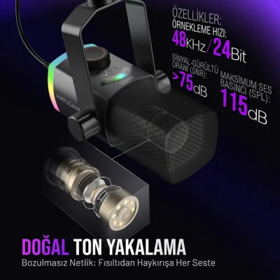 Fifine Ampligame AM8PROT Dinamik USB/XLR Mikrofon Seti (RGB Mikrofon Sehpası ile) - 11
