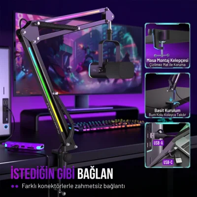 Fifine Ampligame BM38 RGB Profesyonel Oyuncu Mikrofon Standı - 4