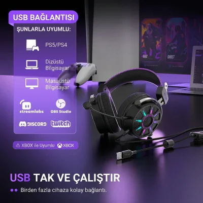 Fifine Ampligame H19 Mikrofonlu 7.1 RGB Oyuncu Kulaklığı - 7