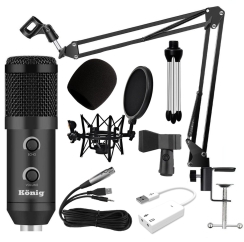 König K-CM 300 Condenser Mikrofon + Pop Filtreli Shock Mount + 7.1 Ses Kartı + Akrobat Sehpa Paketi - König