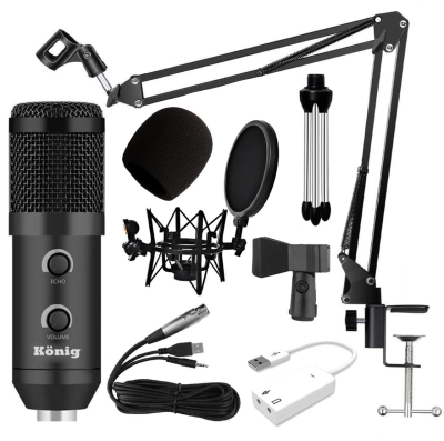 König K-CM 300 Condenser Mikrofon + Pop Filtreli Shock Mount + 7.1 Ses Kartı + Akrobat Sehpa Paketi - 1