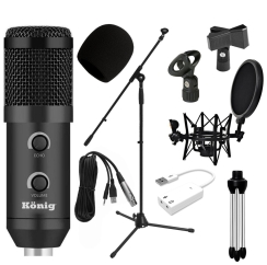 König K-CM 300 Condenser Mikrofon + Pop Filtreli Shockmount + 7.1 Ses Kartı + Mikrofon Sehpası Paketi - König